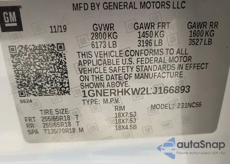 2020 Chevrolet Traverse Fwd Lt Leather from USA, damaged, VIN 1GNERHKW2LJ166893